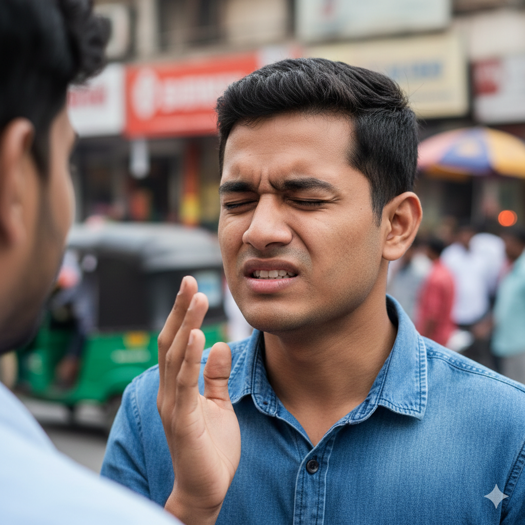 a person try to talk with a stranger but he stammer.