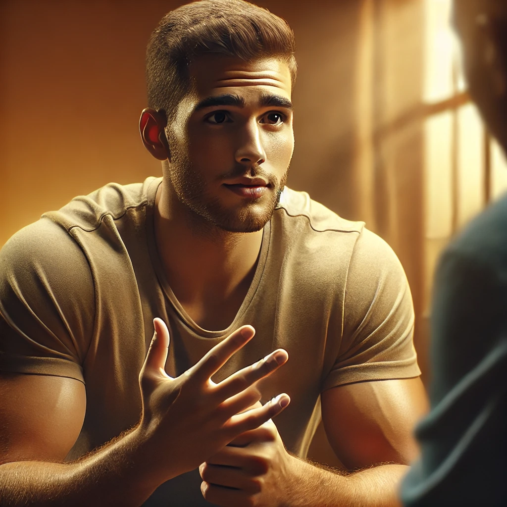 a person talk with someone to improve his stammering.