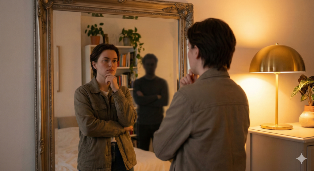 "A thoughtful young adult standing in front of a mirror, looking confident but with a faint shadow of anxiety behind them, representing stammering fear vs inner strength, warm lighting, subtle background, realistic, inspiring mood"