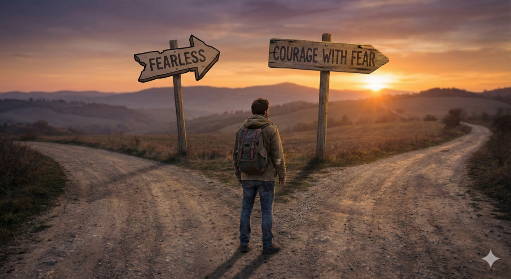 A person standing at a crossroads, one path labeled 'fearless' unrealistic, another path labeled 'courage with fear', calm sunset background, realistic human figure, symbolic decision-making, inspirational mood"