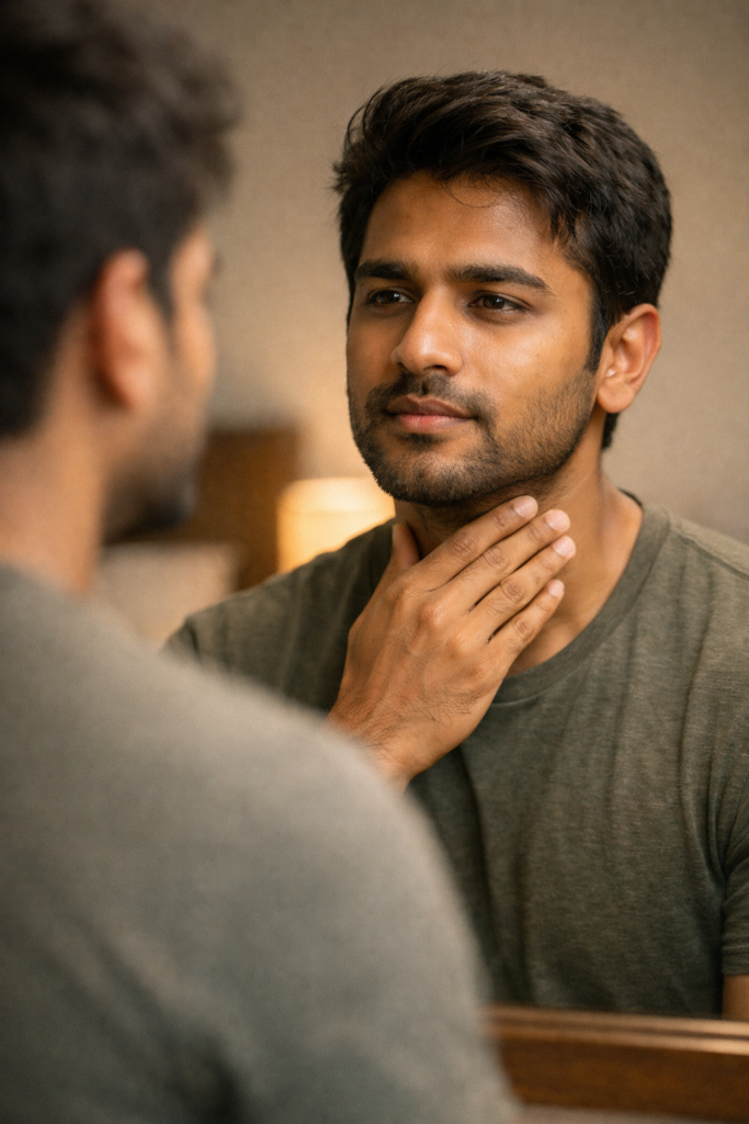 Indian man practicing mindful speaking to control fast speech and reduce stammering