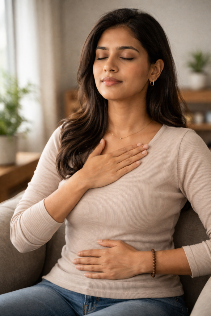 “Indian woman doing deep breathing exercise for speech speed control and calm speaking”.
