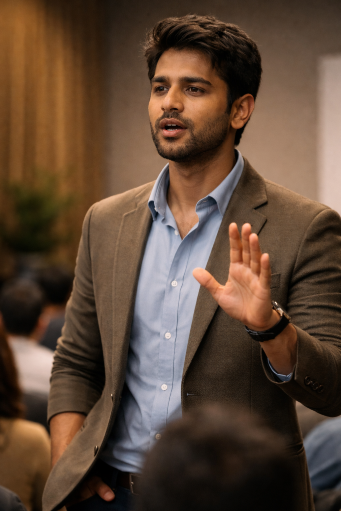 Indian speaker using pause technique to speak slowly and confidently in front of audience