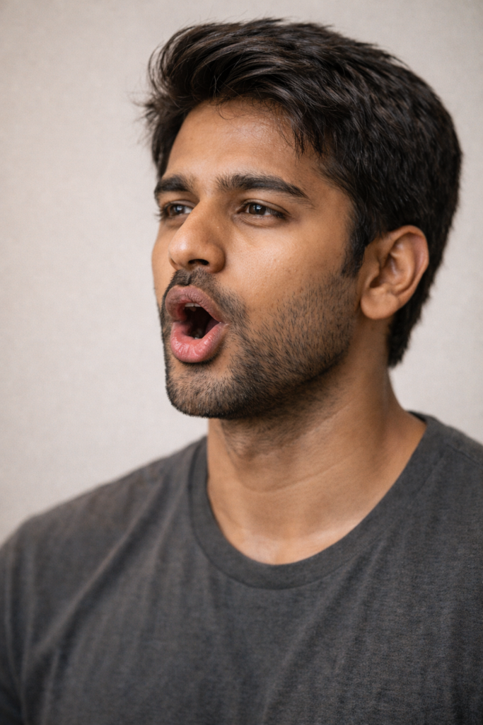 Indian man practicing clear pronunciation and mouth opening for better speech clarity and fluency
