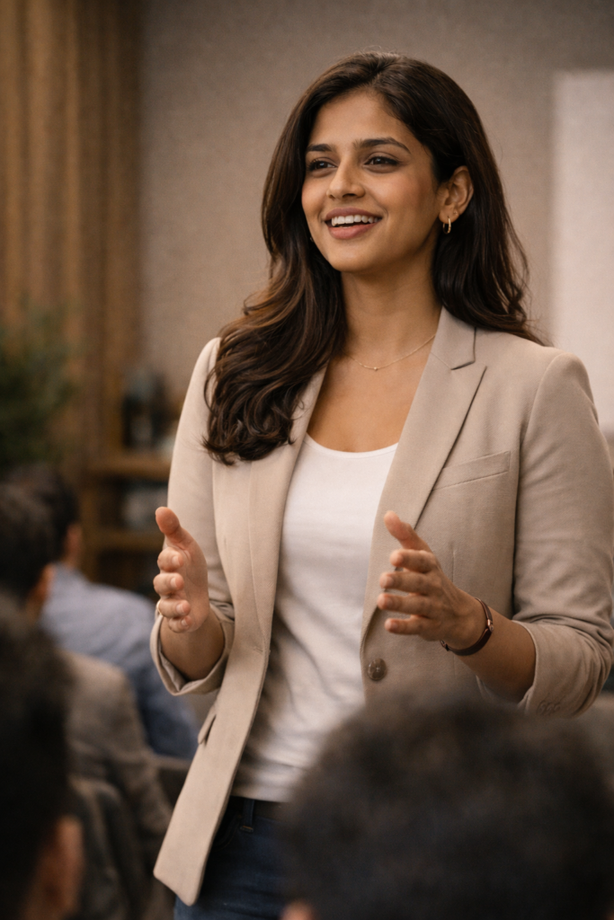 Indian woman using slow hand gestures and rhythm for confident public speaking and smooth speech