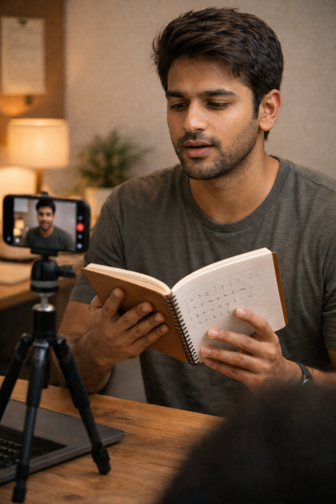 Indian man recording daily speaking practice to improve fluency, reduce stammering, and control speed