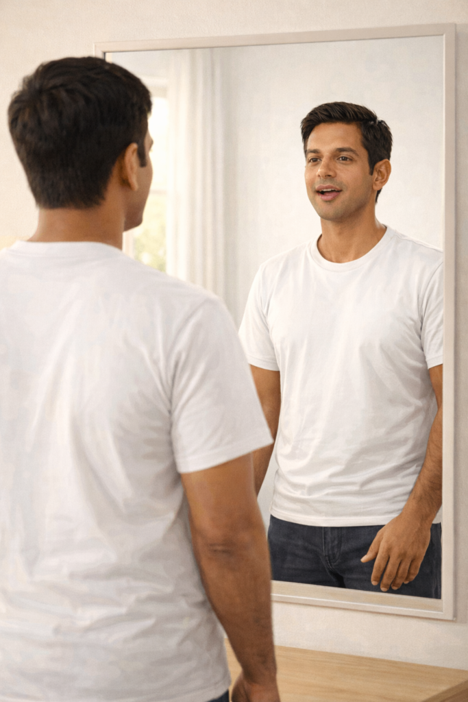 a person doing mirror talk.