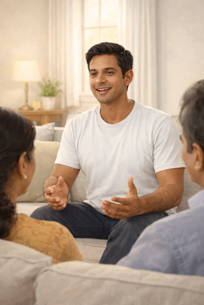 a person talking with his family