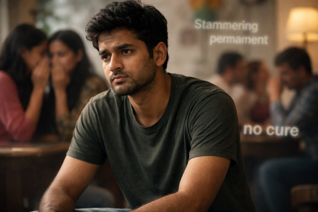 Indian young man sitting alone near a window in evening light, thinking deeply about overcoming stammering and speech anxiety.