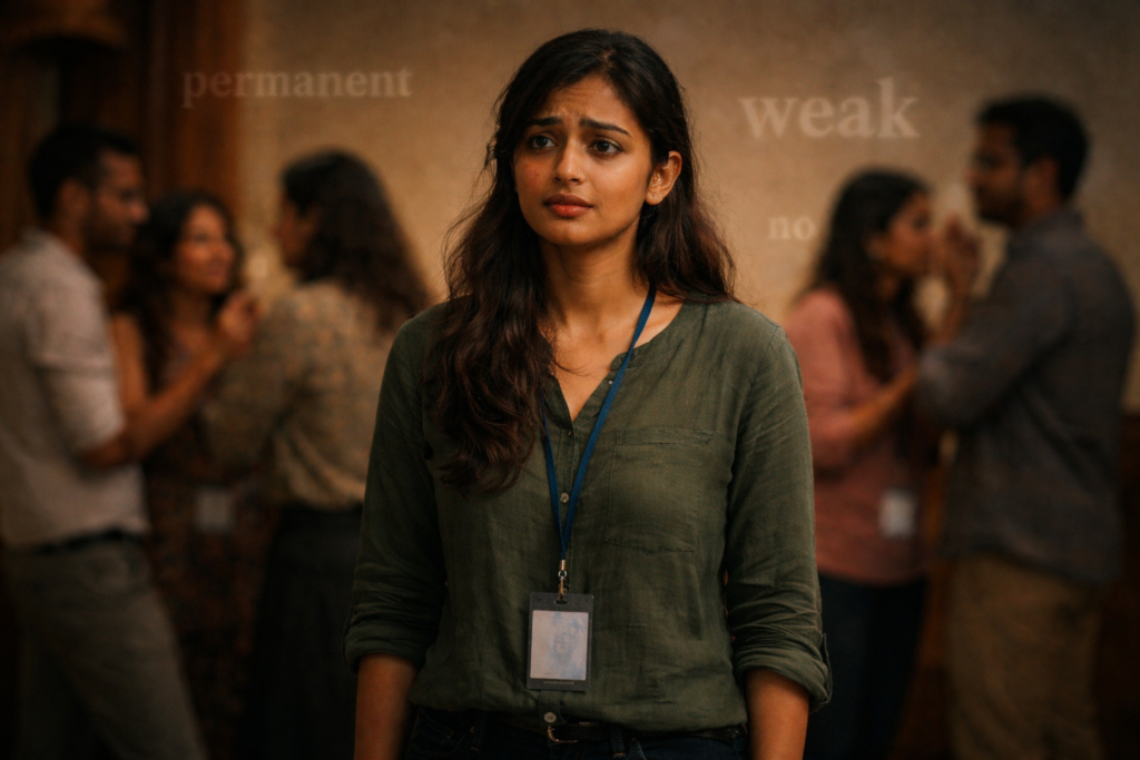 Indian woman standing in a small social gathering looking confused and self-conscious while people talk in the background about stammering myths.