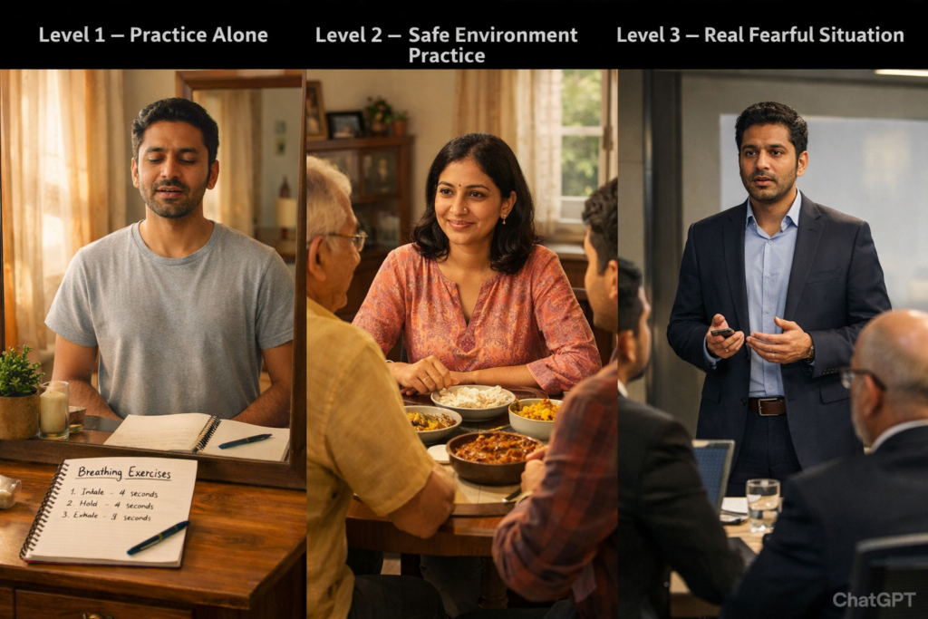 Visual representation of a 3-level approach to overcome stammering: Level 1 practicing alone with breathing exercises, Level 2 speaking in a safe family environment, and Level 3 presenting in a real-life professional situation.