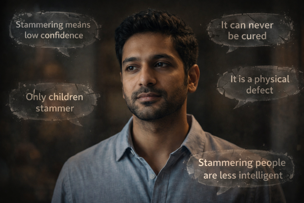 An Indian young man standing calmly with five floating text bubbles around him showing common misconceptions about stammering, symbolizing breaking myths.