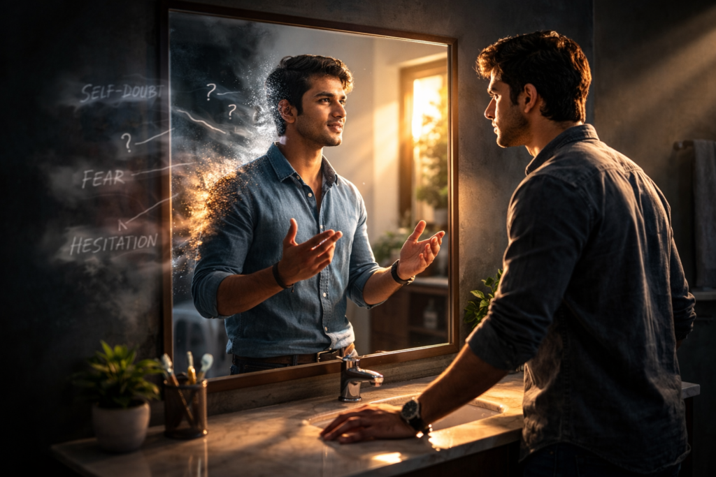 realistic image of Indian man looking at mirror, mirror reflection shows confident version of himself speaking clearly, stmmering