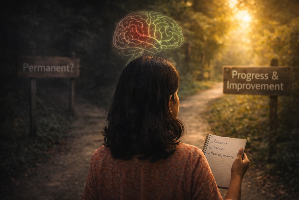 Indian woman choosing between doubt and improvement, representing the question “Is stammering permanent?” with research and real-life experience concept.